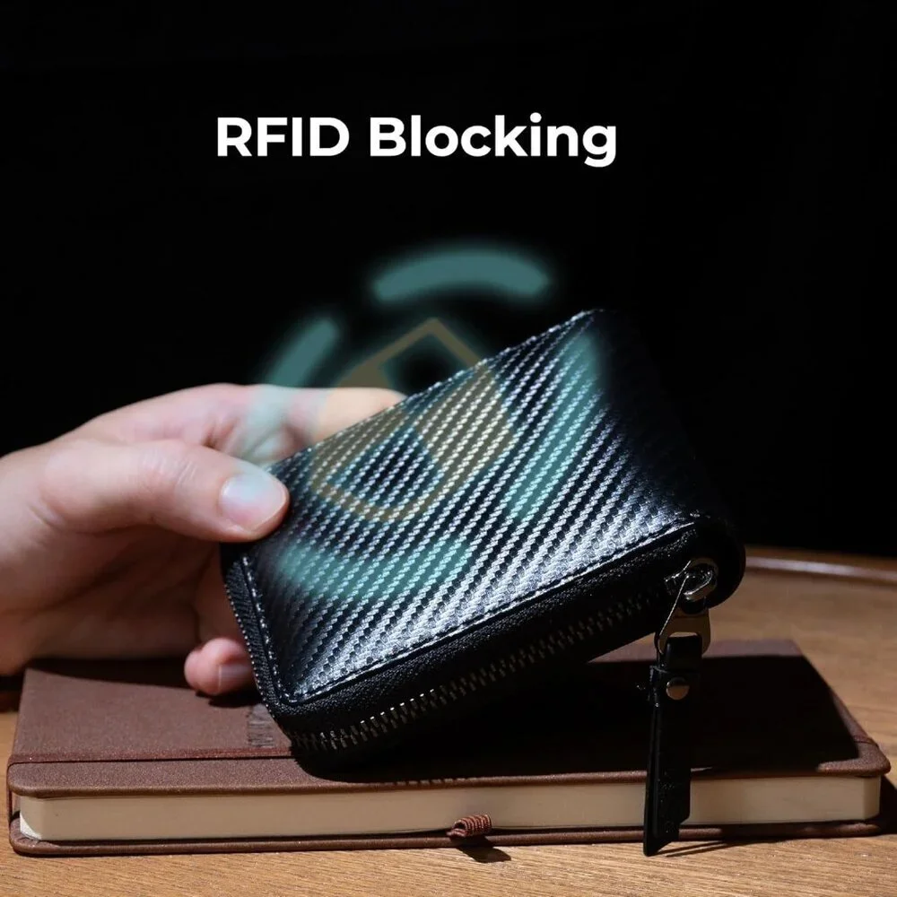 Men's Bifold Black Orange Wallets Card Slot Secure Zipper Closure Leather Style